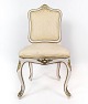 Dining chair of white painted wood and upholstered with light fabric, in great antique condition ...