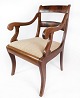 Late Empire armchair of mahogany and upholstered with light fabric, in grat antique condition ...