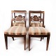 Set of four dining room chairs of mahogany and with original striped upholstery, from the ...