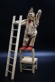 Old French circus toy clown in painted wood with clown clothes in fabric, as well as chair and ...