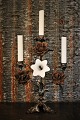 Old French church candlestick in dark patina decorated with 1 fine old white opaline glass ...