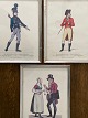 3 old prints in silver-colored wooden frames by Gerhard Luvig Lahde from the series Clothes ...