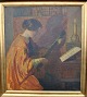 Friis Nybo, Poul (1869 - 1929) Denmark: Interior scene with guitar playing woman. Signed. Oil on ...