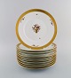11 Royal Copenhagen Golden Basket porcelain dinner plates with flowers and gold 
decoration. Model number 595/10519. Early 20th century.
