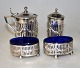 Salt, pepper - mustard set, 20th century England. Silver-plated with blue glass. 4 parts.NB: ...