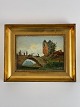Painting of 
landscape with 
bridge, castle 
ruin and people 
- possibly 
German or 
Austrian - 
marked ...
