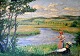 Hougaard, Peter 
(1882 - 1956) 
Denmark: 
Fishing by a 
river. Oil on 
canvas. Signed 
1919. 53 x 75 
...