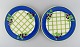 Rosenthal Designers Guild. Orchard Collection. Two large porcelain cover plates. 
Square design, blue border and grapes. Late 20th century.
