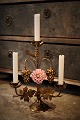 Old French church candlestick in gilded bronze decorated with 1 fine old colored porcelain ...