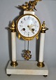 French bronze / marble column clock, 19th century. Top figure of two birds in nest. Columns and ...