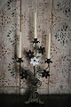 Old French church candlestick in dark patina , decorated with 1 fine old white opaline glass ...