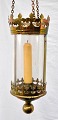 Small hall 
lantern, 19th 
century, Brass. 
With chain 
suspension. 
Cylindrical 
glass. For 
candles. ...