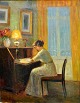 Friis Nybo, 
Poul (1869 - 
1929) Denmark: 
A writing woman 
at a chatol. 
Oil on canvas. 
Signed. 57 x 
...