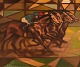 Curt Macell (b. 1933), listed Swedish artist. Oil on canvas. Jockeys on horseback. Cubist ...