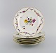 Seks antikke Meissen tallerkener i porcelæn med håndmalede blomster og 
gulddekoration. Sent 1800-tallet.
