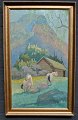 Petersen, Arnold (1904 - 1989) Denmark: Horses in a valley, Valle - Setesdalen, Norway. Oil on ...