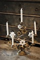 Old French church candlestick in bronze with fine old patina, decorated with 4 old white opal ...