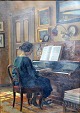 Eriksen, Hans (1864 - ) Denmark: Interior with a woman playing the piano. Oil on canvas. Signed. ...
