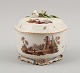 Louisbourg, Germany. 18th century large sugar bowl, hand painted with landscape scenes, lid with ...