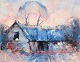 Søren Edsberg (b. 1945), Denmark.Oil on canvas.1971.Farm at sunset on a cold winters ...