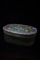 Antique Swedish 19th century oval wooden box with lid and fine original green painting with ...