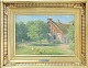 Elisabeth Thorne 1847-1933. Oil painting in a gold frame. Motif of a farmhouse with storks on ...
