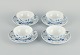 Four sets of Royal Copenhagen Blue Fluted Plain tea cups and saucers in hand 
painted porcelain.