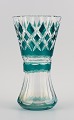 Val St. Lambert, Belgium, large handmade Art Deco crystal glass vase, faceted 
with green decoration.