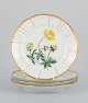 Bing and Grøndahl, four porcelain plates in Flora Danica style with gold 
decoration.