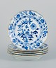 Meissen, Germany, a set of five Blue Onion pattern porcelain plates with gold 
rim.