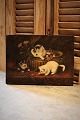 Oil painting on canvas of 4 small kittens playing in a flower pot. Measures: 24x33cm. Signed ...