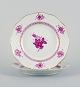 Herend, Hungary, Chinese Bouquet Raspberry, two hand painted porcelain plates 
with gold decoration.