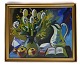 Painting on the 
canvas in a 
gold frame of 
fruit and 
flower motifs 
in green and 
blue colors 
from ...
