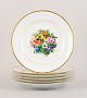 Bing & Grøndahl, seks middagstallerkner i porcelæn håndmalet med polykrome 
blomster og gulddekoration.