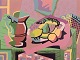 Scandinavian 
modernist, oil 
on board, still 
life with 
fruits and 
pitcher. 
Coloristic ...