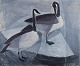 Osmo Isaksson (1918-1997), finsk-svensk kunstner, olie på plade. Modernistisk 
maleri med fugle på sø.