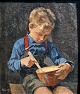 Aigens, Christian (1870 - 1940) Denmark: A boy eats porridge. Oil on canvas. Signed. 60 x 53 ...