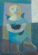 Hans Sørensen 
(1906-1982), 
Danish artist.
Modernist 
portrait of a 
seated woman 
with a cat.
Oil ...