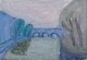 Pär Lindblad, listed Swedish artist, oil on canvas. Modernist landscape with 
river and bridge.
