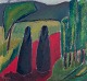 Bruno Forsberg (1924-2003), svensk kunstner. Olie på plade.
Modernistisk parklandskab. Koloristisk palette.