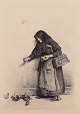 Carl Bloch (1834–1890). Etching. "Konen med spurvene" (The Woman with the Sparrows).Dated ...