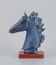 FEJ (Folke og Elsa Jernberg)Ceramic horse head on a wooden base. Glazed in blue ...