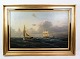 Oil painting 
with motif of 
sea and boats 
in a frame with 
gold leaf by 
Carl Olsen ...