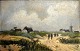 Herschend, Oscar (1853 - 1891) Denmark: People on a road in the dunes. Unsigned. Oil on slate. ...