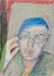 Hans Christian Rylander (1939-2021) Listed Danish artist.
Colored pencil on paper.
Portrait of a man in an expressionist style. Colorful palette.