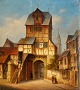 Frank, A. H (19th century): Hotel and tower in a German city. Oil on cardboard. Signed. Verso ...