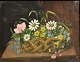 Danish artist (19th century): Flowers in a basket on a table. Oil on canvas. Unsigned. 22 x 27 ...