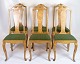 Antique dining room chairs in light birch wood with green fabric upholstery made in Rococo style ...