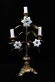 Old French church candlestick bronze with fine patina decorated with 3 fine old white opal glass ...