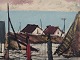 Peder Brøndum Sørensen (1931-2003), Danish painter, oil on canvas. "Figures and Houses by the ...